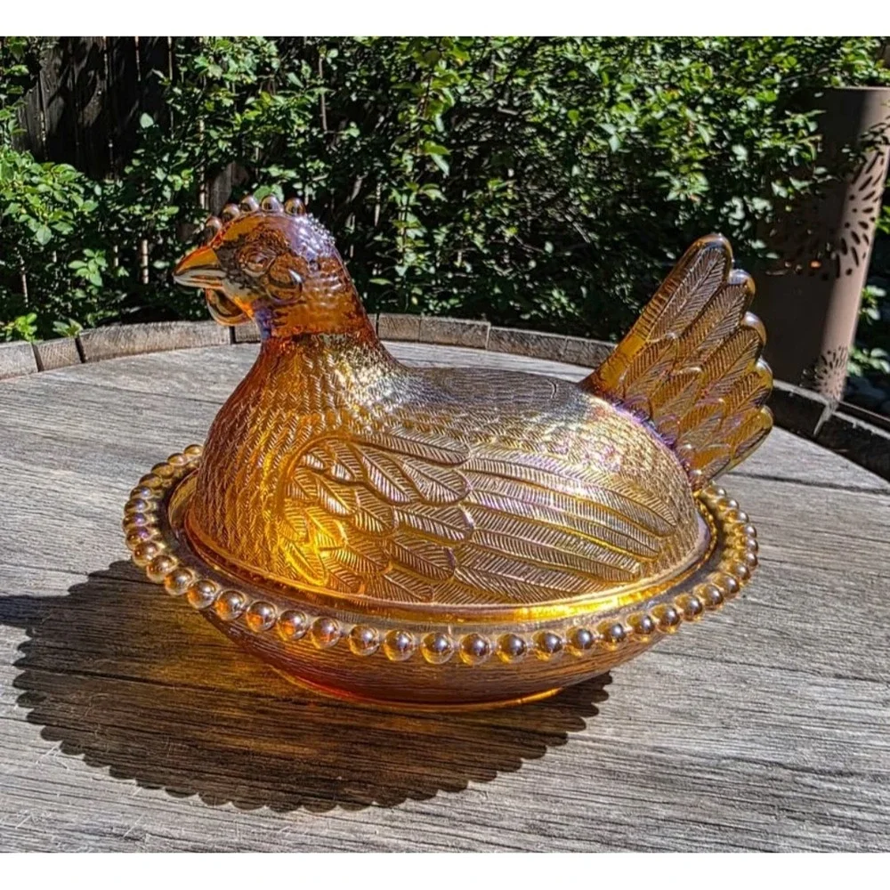 Indiana Glass Amber iridescent Carnival Glass Hen on Nest Covered Dish Rare VTG